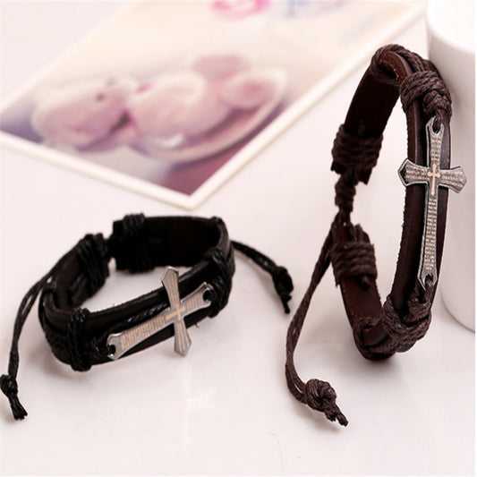 Imagen de Pulsera de cuero con escritura bíblica y cruz (vintage)
