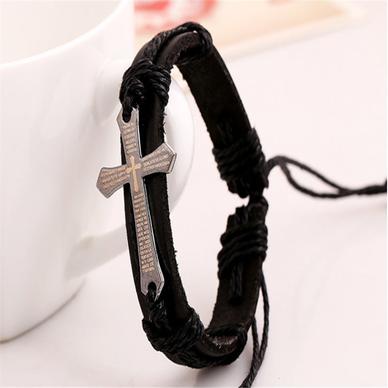 Imagen de Pulsera de cuero con escritura bíblica y cruz (vintage)