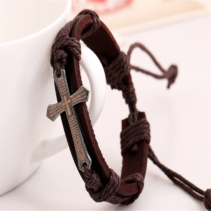 Imagen de Pulsera de cuero con escritura bíblica y cruz (vintage)