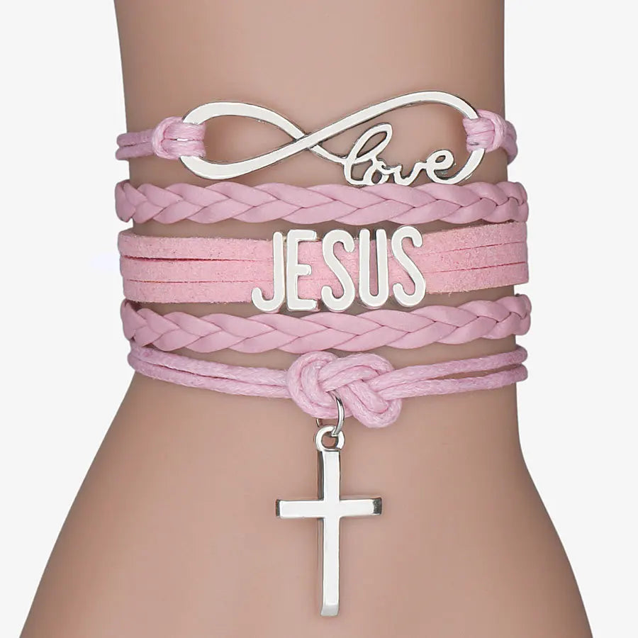 Imagen de Pulsera multicapa de cuero con 'Jesus Loves' y cruz
