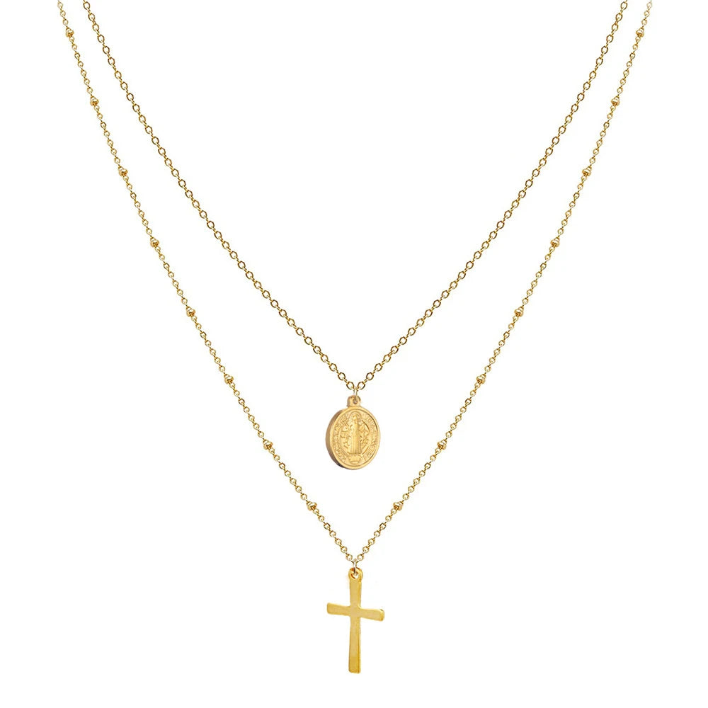 Imagen de Collar multilayer con cruz de Jesús en acero inoxidable