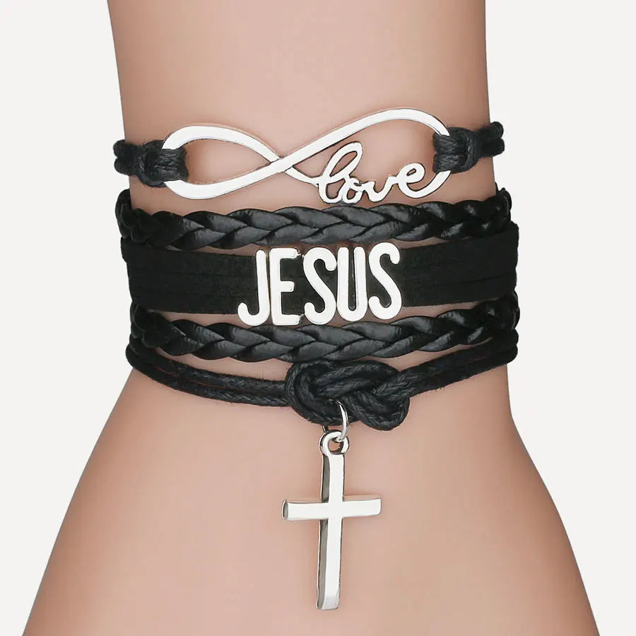 Imagen de Pulsera multicapa de cuero con 'Jesus Loves' y cruz