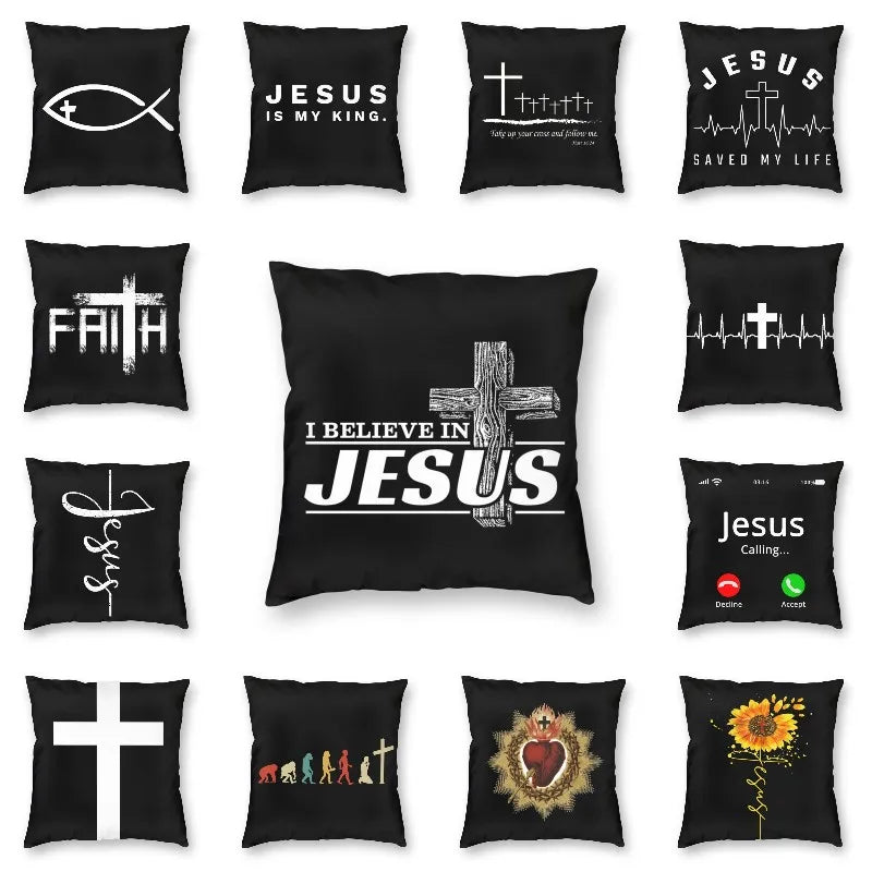 Imagen de Funda de cojín con cruz de fe y Jesús
