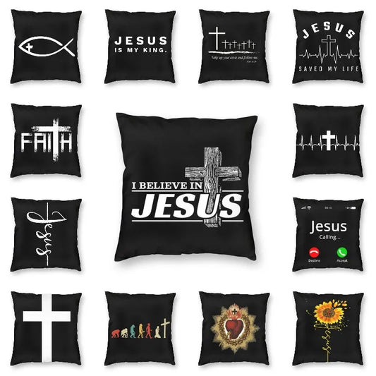 Imagen de Funda de cojín con cruz de fe y Jesús