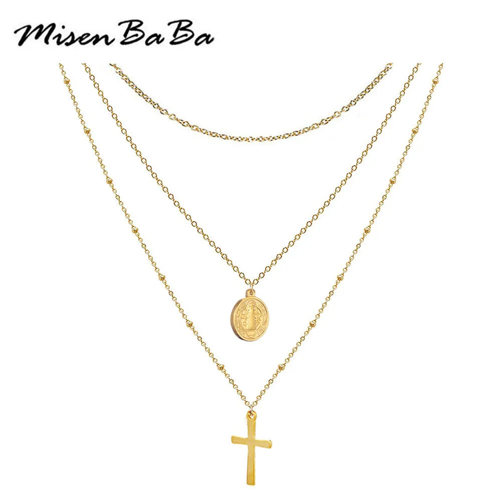 Imagen de Collar multilayer con cruz de Jesús en acero inoxidable