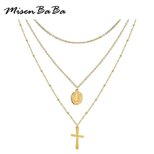 Imagen de Collar multilayer con cruz de Jesús en acero inoxidable