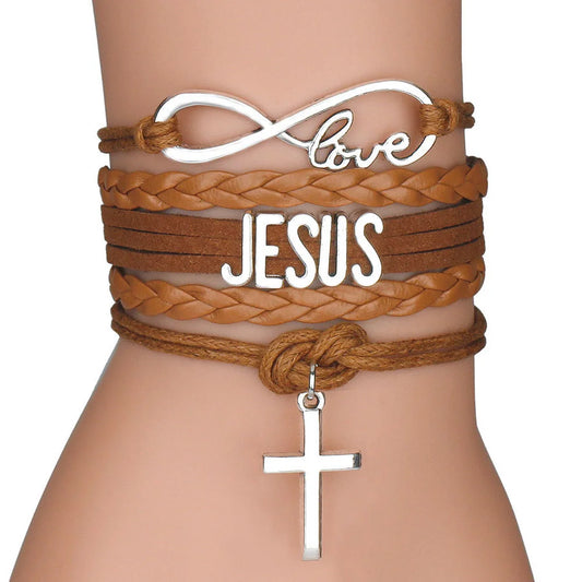 Imagen de Pulsera multicapa de cuero con 'Jesus Loves' y cruz