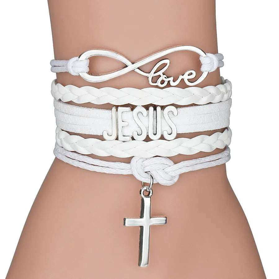 Imagen de Pulsera multicapa de cuero con 'Jesus Loves' y cruz