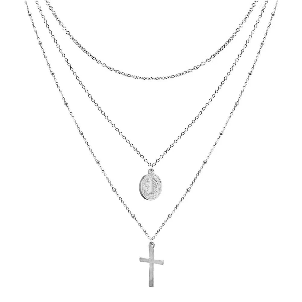 Imagen de Collar multilayer con cruz de Jesús en acero inoxidable