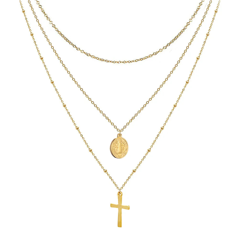 Imagen de Collar multilayer con cruz de Jesús en acero inoxidable