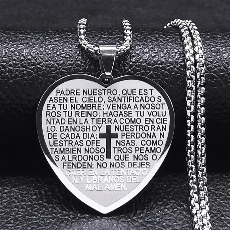 Imagen de Collar con cruz y versículos bíblicos en acero inoxidable