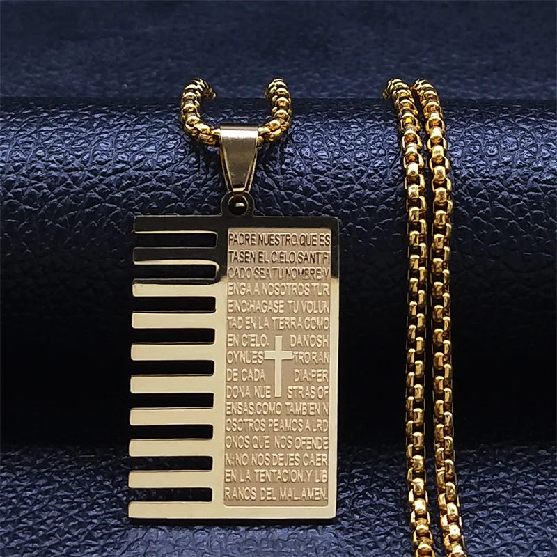 Imagen de Collar con cruz y versículos bíblicos en acero inoxidable