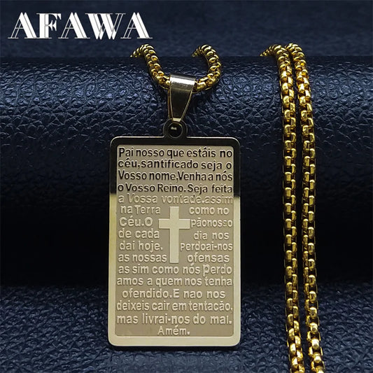 Imagen de Collar con cruz y versículos bíblicos en acero inoxidable