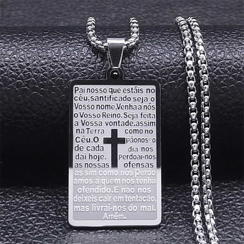 Imagen de Collar con cruz y versículos bíblicos en acero inoxidable