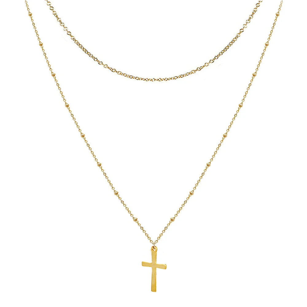 Imagen de Collar multilayer con cruz de Jesús en acero inoxidable