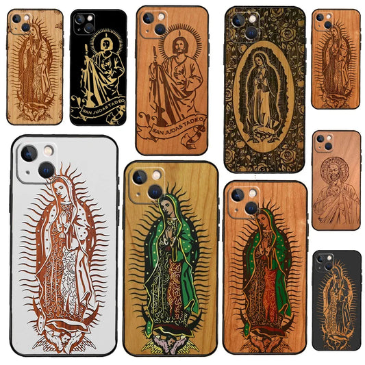 Imagen de Funda de madera con Guadalupe y San Judas para iPhone