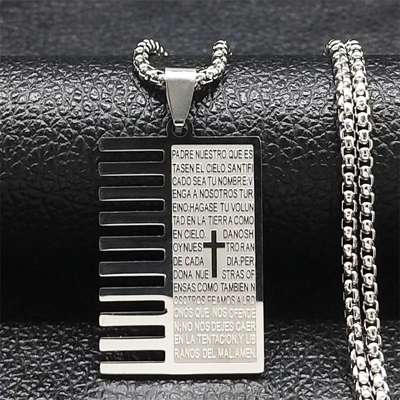 Imagen de Collar con cruz y versículos bíblicos en acero inoxidable